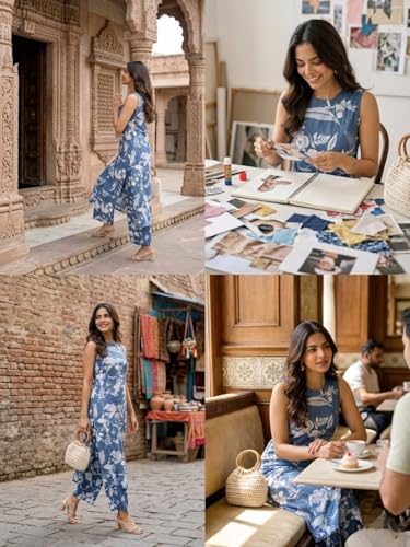 Image of Leriya Fashion Women's Summer Printed Kurta Pant Set | Sleeveless Lightweight Kurti with Palazzo Pants | Kurti Set for Woman | Casual, Office, Vacation & Everyday Outfit | Ethnic Kurta Sets for Woman