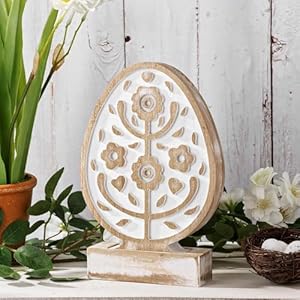 Easter Decorations Antique Distressed Wooden Easter Eggs Shaped Tabletop Centerpiece Rustic Carved Eggs with Flowers Wood Tiered Tray Easter Decor for Table Home Farmhouse Easter Gifts