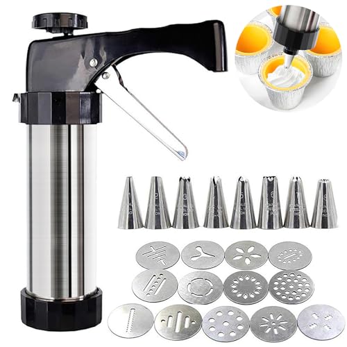 Cimvidi Gebäckspritze Set, Edelstahl Gebäckpresse mit 13 Schablonen und 8 Tüllen, Garnierspritze Tragbar Kekspresse Spritzgebäck Presse Gebäckspritze DIY Backzubehör für Kuchen Kekse Cimvidi Gebäckspritze Set, Edelstahl Gebäckpresse mit 13 Schablonen und 8 Tüllen, Garnierspritze Tragbar Kekspresse Spritzgebäck Presse Gebäckspritze DIY Backzubehör für Kuchen Kekse