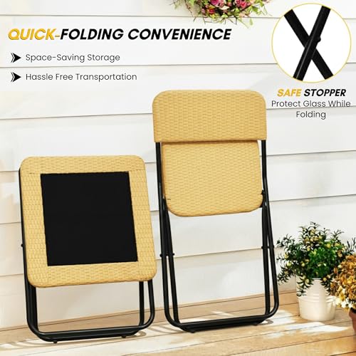 Image of DEVOKO Foldable 3-Piece Outdoor Patio Wicker Furniture Set with Glass Top Table, All-Weather HDPE Rattan, Rustproof Metal Frame for Garden, Balcony & Lawn (Beige)