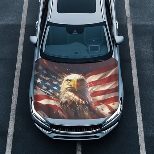 Image of Car Hood Cover, Eagle and American Flag Auto Hood Wrap Blankets Stretchable Automotive Exterior Accessories for Compact Sedans SUVs Trucks
