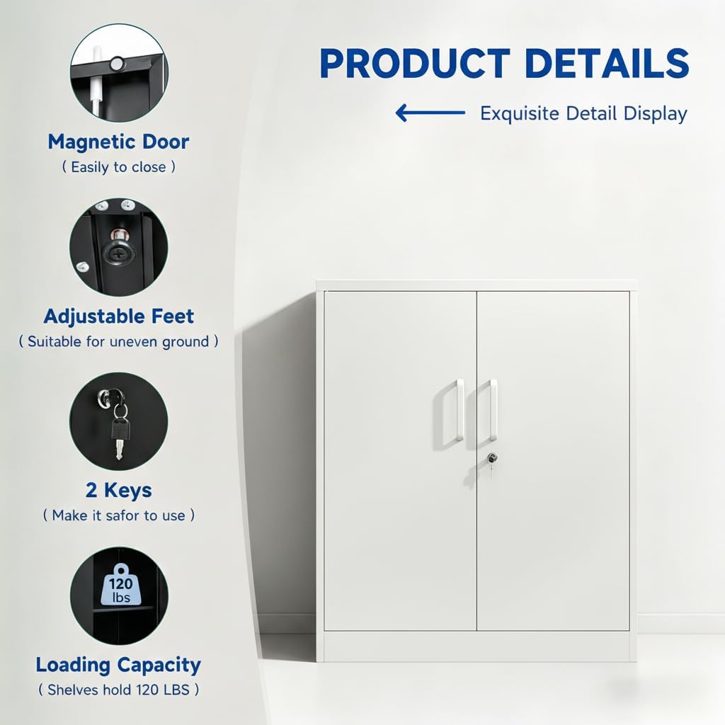 Metal Storage Cabinets with Lock, Heavy Duty Steel Storage Cabinet with Adjustable Shelves, Lockable Locker for Home Office Garage Warehouse (White, 36″H/2 Door)