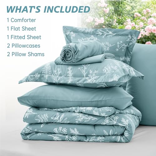 Image of MUXHOMO Oversized Queen Comforter Set, Gray Blue Elegant Floral Print Bed in a Bag 7 Pieces, Soft & Breathable Reversible Botanical Pattern Bedding Set with Comforter, Sheets, Pillowcases & Shams