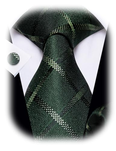 Image of YourTies Green Ties for Men Plaid Necktie Checkered Silk Tie Pocket Square Cufflinks Set Formal Business Party Wedding