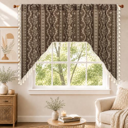 Image of Yinhua Boho Swag Valance Curtains Vintage Linen Valances for Windows Light Filtering Floral Kitchen Valance Rod Pocket Rustic Tassel Window Valances for Bathroom Cafe, 60 inch W x 36 inch L, Brown