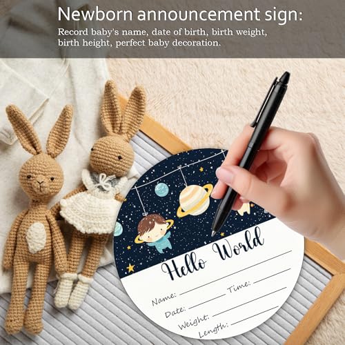 Image of Birth Announcement Sign Hello World Baby Name Wood Space Theme | Round Wood Plaque with Stars & Space Design, Custom Name Date Weight Length Great for Nursery Wall Baby Shower Gifts