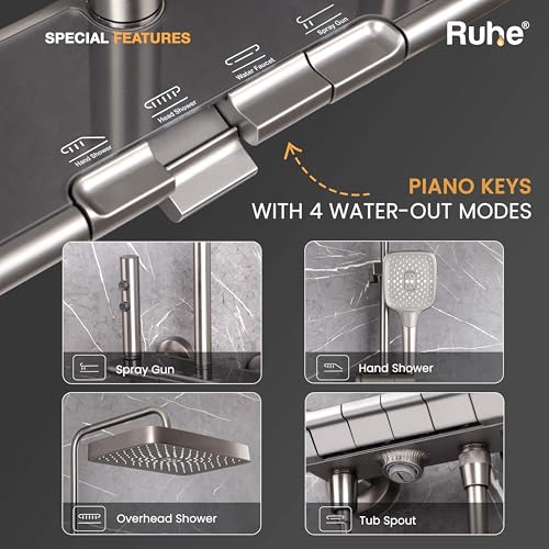 Image of Ruhe Ripple Smart Shower Panel Set, 4-in-1 Multi Flow Functions, Piano Button Shower Panel System, Includes Overhead Shower, 3-Flow Hand Shower and Dual Mode Water Spray Health Faucet