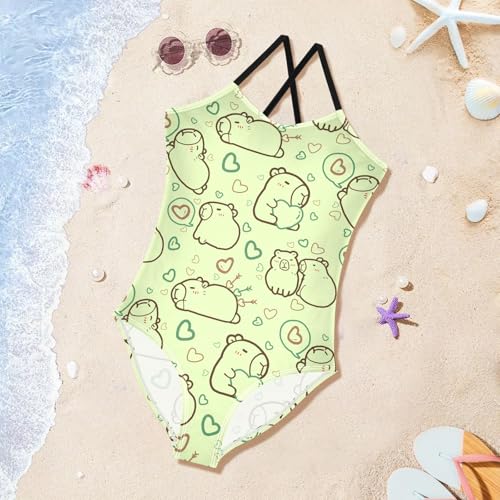Girls One Piece Swimsuits Cute Capybara with Hearts Green Cute Swimwear Bathing Suits 3-10T4