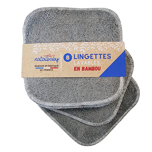Toallitas lavables de esponja de bambú de fabricación francesa Envío gratis - Doble espesor - Precio de fábrica de venta directa (x8, Gris)