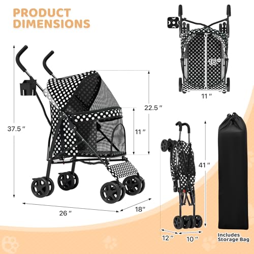 Image of Magshion Compact Fold Pet Travel Stroller for Small Dogs Cats | Up to 22lbs, 4-Wheel Lightweight Umbrella Shaped Design, Safety Tethers, Breathable Mesh, Cup Holder & Rear Storage