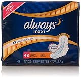 Always Maxi Size 4 Overnight Feminine Pads with Wings, Unscented, 48 Count (Packaging May Vary)