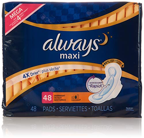 Always Maxi Size 4 Overnight Feminine Pads With Wings, Unscented, 48 Count (Packaging May Vary) #TOP7