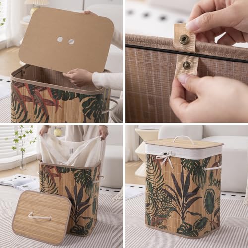 Image of HOKIPO Eco-Friendly Foldable Bamboo Laundry Basket Hamper with Lid, Large - 60 Liter, Ficus Leaves (AR-5749), Multicolor