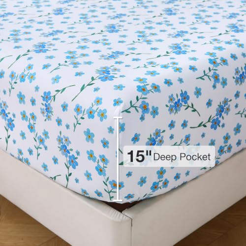 Image of Viviland Floral Full Sheet Set - 4 Piece Country Fresh Blue Flower Patterned Bed Sheets - Soft, Breathable Microfiber Sheets with Deep Pocket, Non-Slip Fitted Sheets & Pillowcases