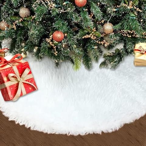 Christmas Tree Skirt 48 Inches, Christmas Tree Plush Skirt，Christmas Tree Decorations for Merry Christmas Party Faux Fur Christmas Tree Skirt Decorations Cover
