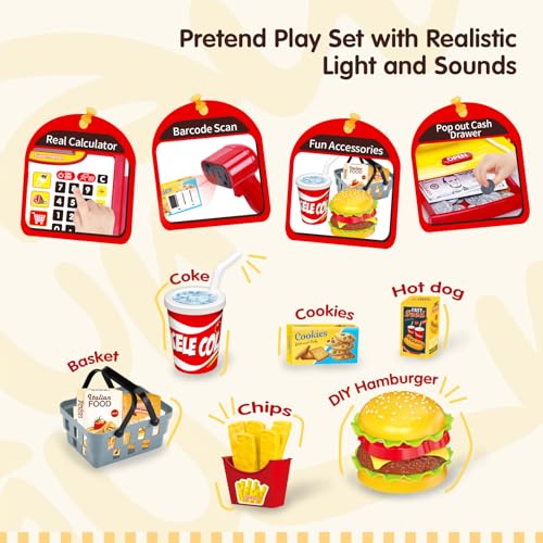 Image of FS Toy Cash Register for Kids with Barcode Scanner & Working Calculator, Pretend Play for Toddlers 3-5 Grocery Store Shopping Playset, Kids Cash Register with Play Money for Boys and Girls 3-8