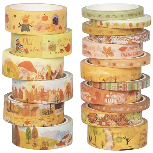 YUBX Autumn Washi Tape Set 18 Rolls Fall Printed Embellishment Yellow Decorative Masking Tapes for Arts DIY Crafts Journals Planners Scrapbook Wrapping