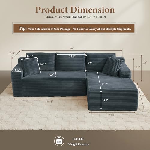 Image of 96 inch Sectional Couches for Living Room Cloud Couch Sofa with L-Shape Upholstered Boneless Couchs Modern Modular Sectional Couch with Chaise (Dark Grey, 95 inch W+Right Facing Chaise+2Seaters)