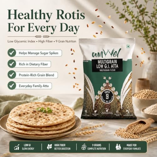 Image of Amwel Multigrain Low GI Atta 5kg | Blend of 9 Grains & Millets | High Fiber, Protein Rich Wheat Flour | Low Glycemic Index Atta for Diabetic Friendly Diet | Healthy Everyday Chapati Flour