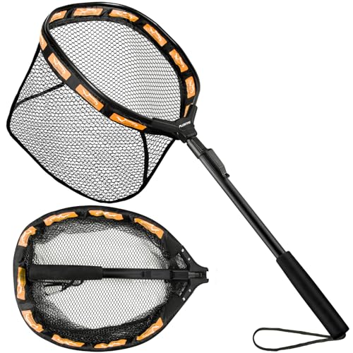 Image of PLUSINNO Fishing Net Fish Floating Landing Net, Kayak Nets with Fixed Foldable Telescopic Pole Handle, Bass Trout Fishing Nets with Nylon Mesh for Pond Lake River, Fishing Gear Gifts for Men Anglers