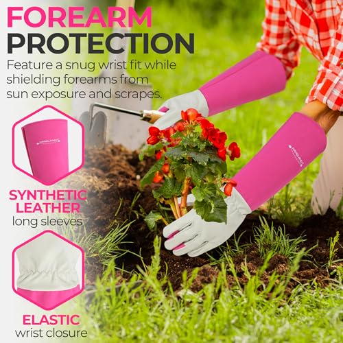 Image of HANDLANDY Rose Pruning Gloves for Men Women, Thorn Proof Gardening Gloves | Long Leather Gardening Gloves, Breathable Leather Gauntlet, Best Garden Gifts & Tools for Gardener (Pink, S)