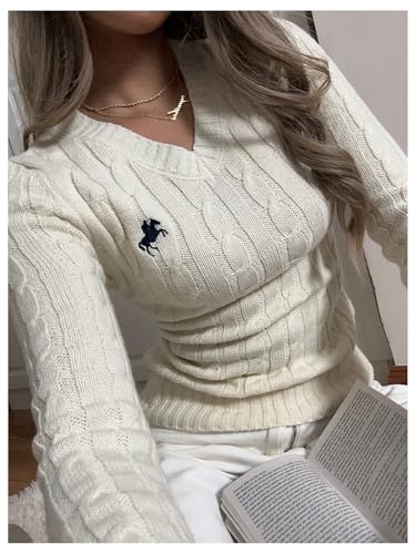 WDIRARA Women's Embroidered V Neck Long Sleeve Sweater Casual Cable Knit Pullover Tops4