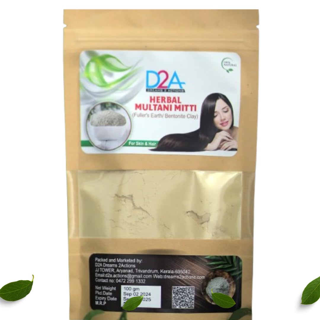 D2A Pure Organic Multani Mitti (Fuller’s Earth) Skin Face Clays - 100g | Natural Fuller’s Earth for Face & Hair Packs | Face pack,Removes Dead Skin,Remove Tan,Oil control, Deep Cleanser, Reduces Dandruff & Scalp Itchiness | Soft & Glowing Skin