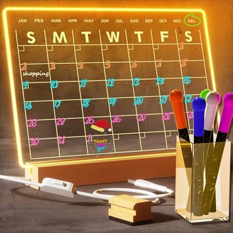 Clear Dry Erase Board Calendar with Light 13 x 9 inch for Bedroom/Office Includes 4 Dry Erase Markers Cover