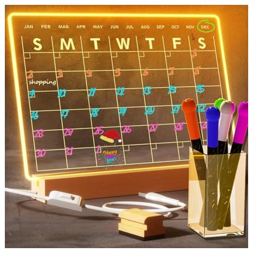 Clear Dry Erase Board Calendar with Light 13 x 9 inch for Bedroom/Office Includes 4 Dry Erase Markers