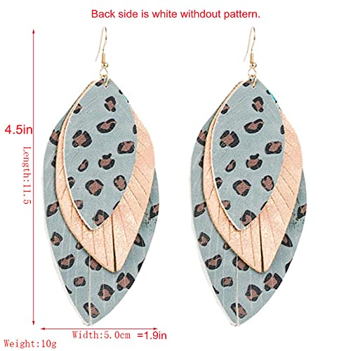 Boho Layered Leather Leaf Earrings For Women Girls Vintage Leopard Print Long Big Summer Statement Drop Dangle Hook Stud Lightweight Vintage Bohemian Beachy Jewelry (Blue) #TOP5
