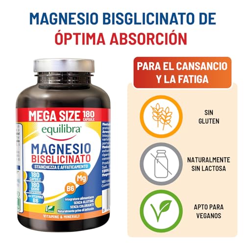 Miniatura 3 de Equilibra Magnesio Bisglicinato, 180 Cápsulas, 250mg, con Vitamina B6, Suministro para 6 meses, Vegan, para Cansancio y Fatiga, Sistema Nervioso, Función psicológica, Sin Gluten