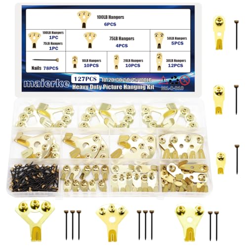 Image of 127 PCS Picture Hanging Kit,Picture Hangers Heavy Duty Picture Hanging Hooks with Nails on Wooden&Drywall,Holds 10-100 lbs for Photo Frame,Canvas,Clock, House Decoration(6 Types)