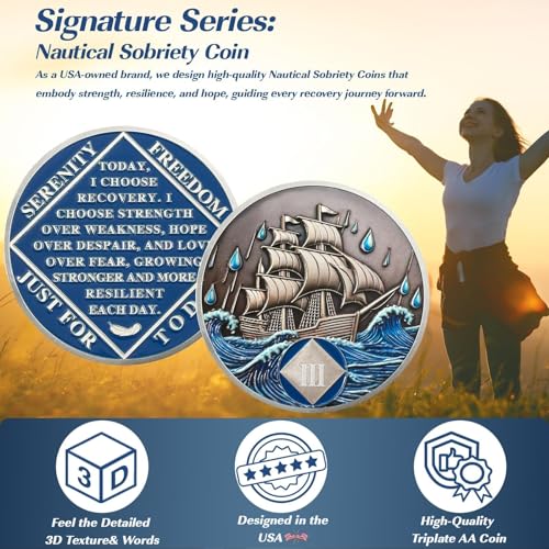 Image of Braving The Storm 3 Year Sober Coin, Nautical NA Coin, Addiction Recovery Three Year Sober Chip, Celebrating Recovery Anniversary Token, Narcotics Anonymous Sobriety Gifts for Men Women