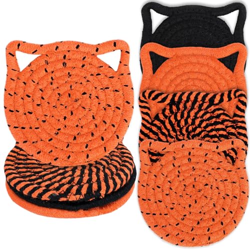 Whaline Halloween Cat Ear Shape Cotton Coasters Black Orange Cat Ear Handmade Braided Drink Coasters Absorbent Cup Mats for Trick or Treat Party Home Table Decor Set of 4