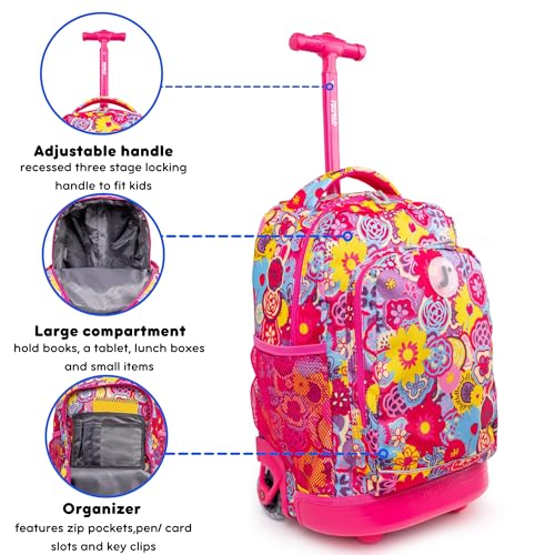 Image of J World Sunny Rolling Backpack for Kids. Roller Bag With Wheels, Poppy Pansy