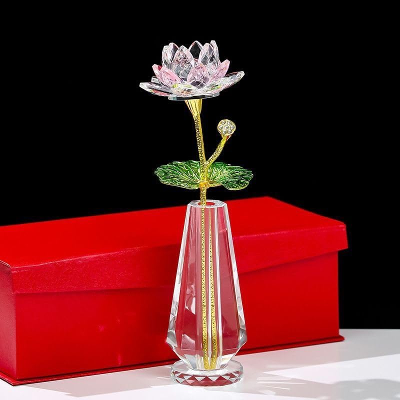 Figurka z różowego kryształu kwiatu lotosu, szklany kwiat, dekoracja domu do Feng Shui, kwiatowe ozdoby kolekcjonerskie, prezenty dla przyjaciół i kobiet