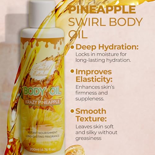 Image of Body oil designed for Deep Hydration to nourish, protect, and rejuvenate the skin while leaving it with a soft, radiant glow and a pineapple scent long -lasting fragrance jojoba oil and more 6.76oz