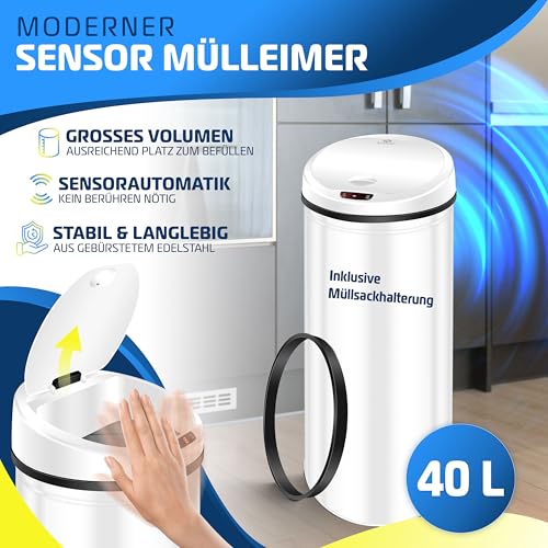 KESSER® Sensor Mülleimer ✓ Automatik ✓ Abfalleimer ✓ Abfall | EDELSTAHL | 40 Liter Weiß – Bild 3