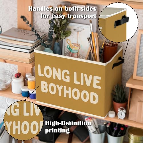 Image of Long Live Boyhood Boys Storage Bins Box with Handles, Yellow Pattern Collapsible Basket Organizer for Kids Teen Boy Nursery Room Bedroom Bathroom Playroom Books Clothes