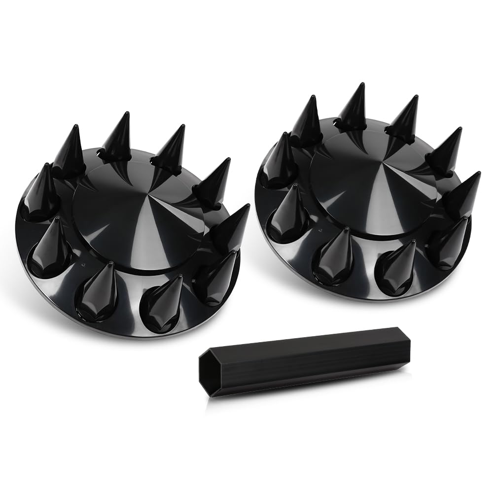 CNNELL 33mm ABS Axle Cover Black Complete Pointed Combo Kit Spike Screw-on Lug Nut Covers for Semi Truck with 2 Front Axle Wheel Covers and Removable Hub Caps