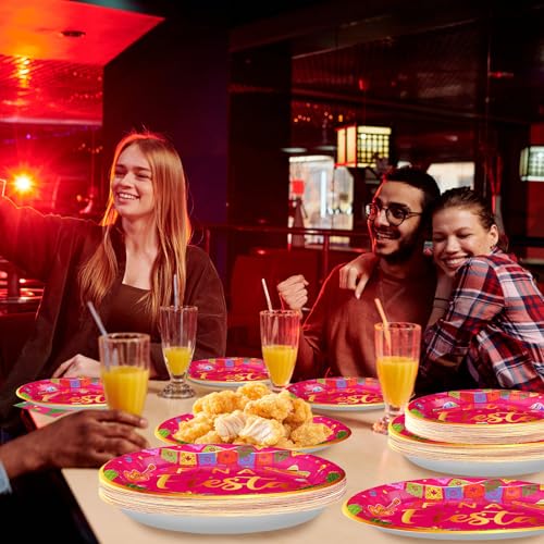 Image of Grencian 96Pcs Final Fiesta Bachelorette Taco Party Decorations, Serves 24 | Hot Pink Mexican Cactus Plates and Napkins Tableware Sets Mexican Decorations for Cinco De Mayo Let's Fiesta Party Supplies