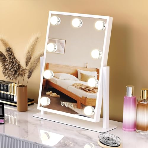 Catálogo de Espejos de mesa que Puedes Comprar On-line. 48 Pecodaco Espejo con Luz para Makeup Extragrande Hollywood Vintage, Espejo para Maquillaje con 9 Focos LED Regulables de Luz Blanca, Cálida y Neutra, Conexión USB, Soporte...