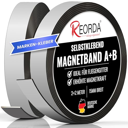 REORDA Magnetband A B (EXTRA STARKER MARKEN-KLEBER) 2 Meter I Selbstklebender Magnetstreifen für Fliegengitter & Moskitonetze für beste gegenseitige Anziehung - Magnetband selbstklebend