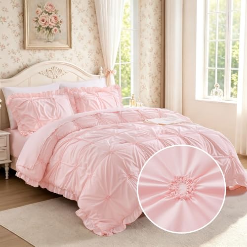 Image of Full Size Comforter Sets for Girls, 5 Pieces Bed in A Bag Full Size Bedding Sets with Ruffles Jacquard Embroidery Comforter, Fitted Sheet, Flat Sheet and 2 Pillowcases, Pink