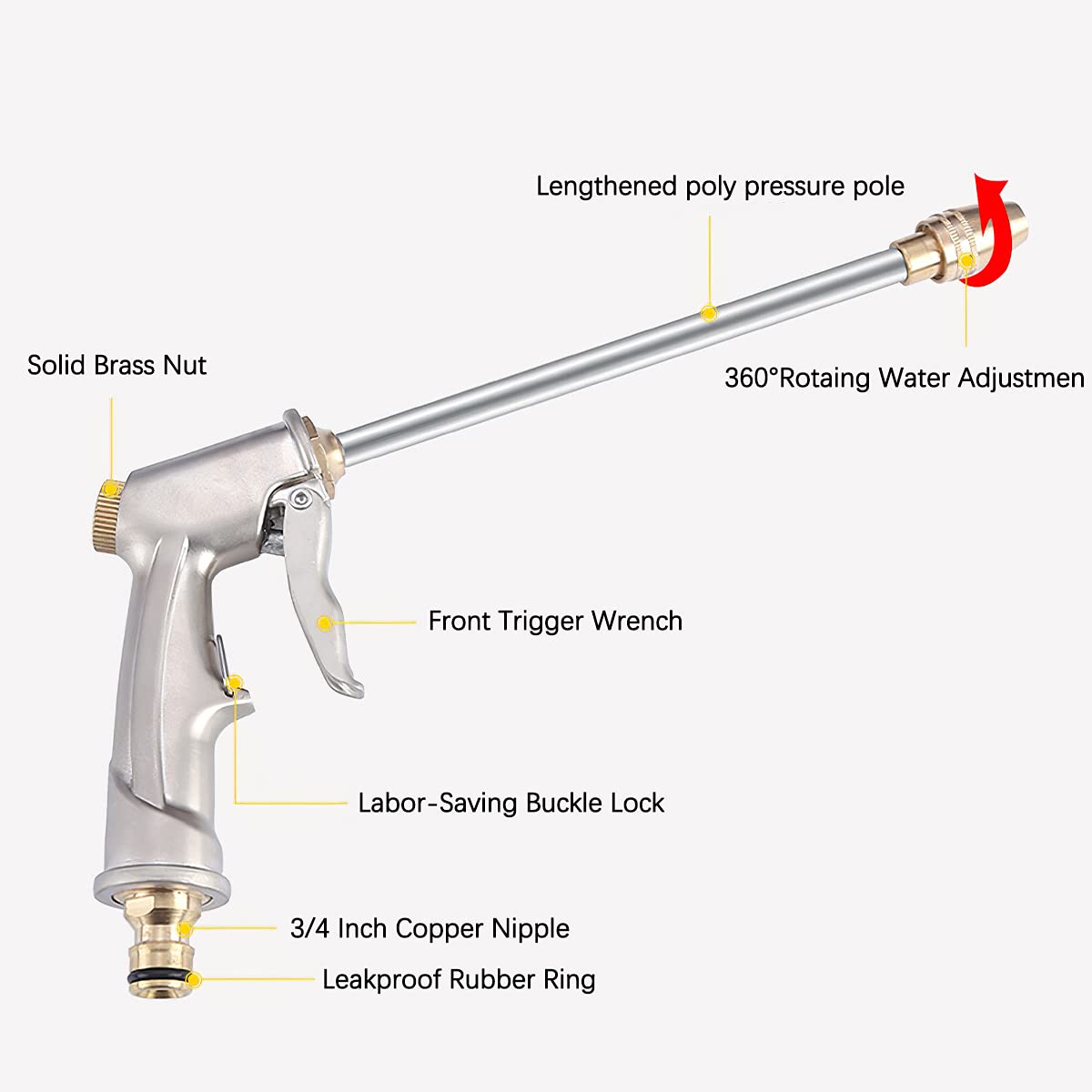 Pistolet d'arrosage réglable haute pression en métal pour lavage de voiture et arrosage de pelouse