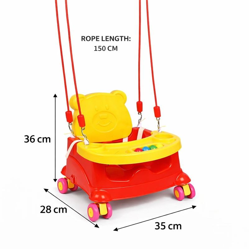 Image of Braintastic Baby Booster Seat Cum Hanging Swing for Kids | 2-in-1 Multipurpose Toddler Feeding Chair with Tray, Rope & Wheels | Safe Plastic Baby Seat (6 Months-3 Years) (Red /Yellow Wheel)