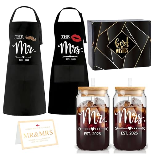 4MELLY Mr Mrs Est 2026 Glass Cup and Apron Gift
