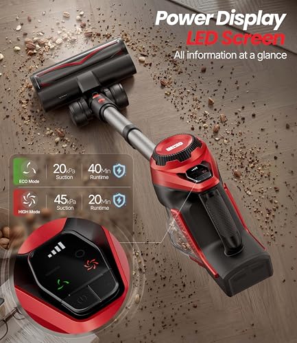 Image of Cordless Vacuum Cleaner for Home, Stick Vacuum 45Kpa, Smart Display & 1.5L Dust Cup, MAX 40mins Runtime, Rechargeable Lightweight Handheld Vavuum for Pet Hair /Carpet /Hardwood Floor /Car (Crimson)