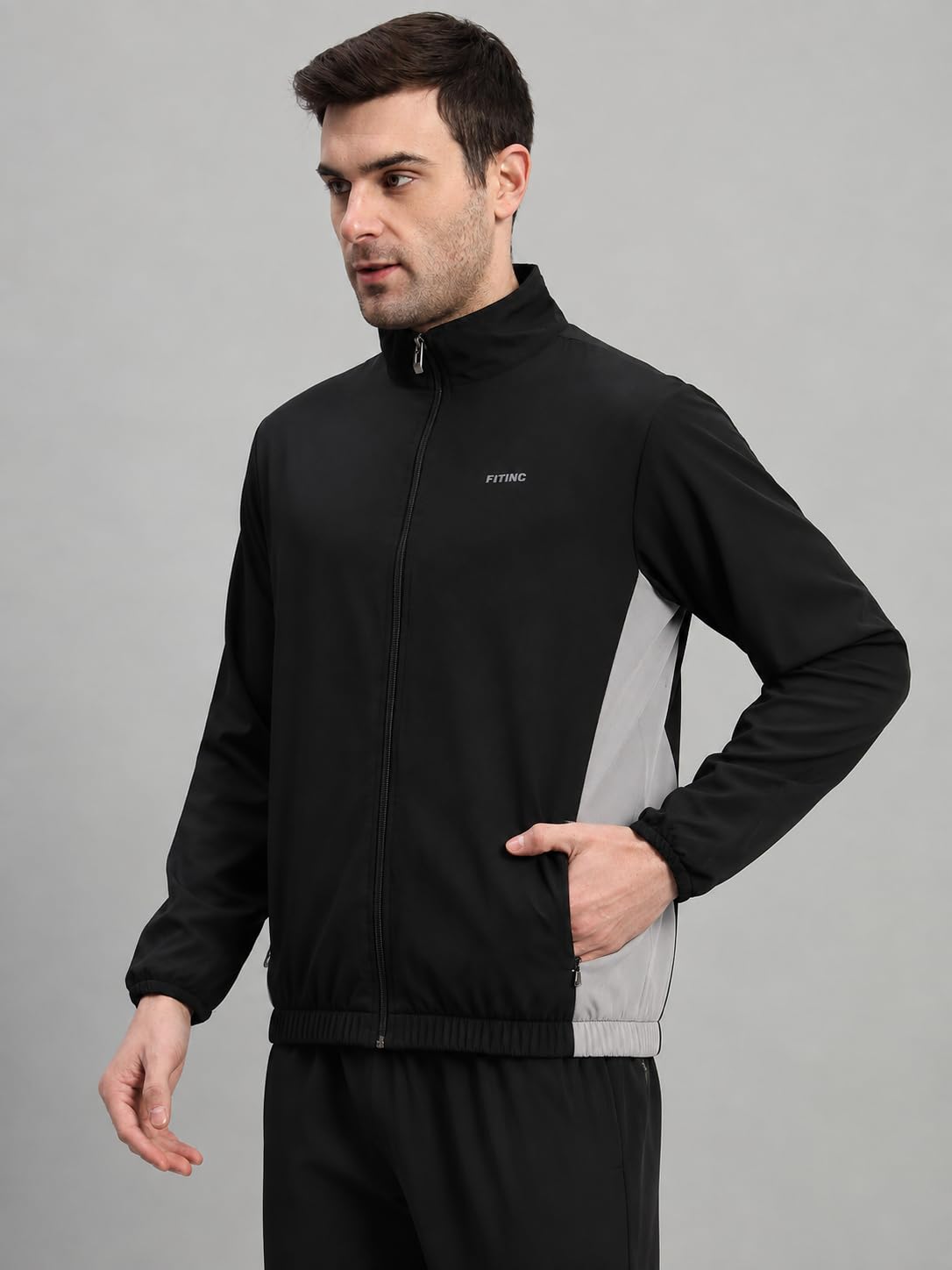 FITINC Contrast Panel Polyester Standard Length Sports Track Jacket for Men - Black (X-Large) 1