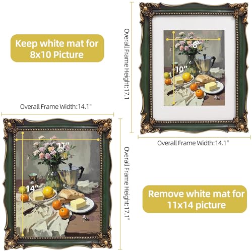 Image of Vintage 11x14 Picture Frame with Embossed Flower, Green Ornate Frame for 11x14 or 8x10 Photos with White Mat, Hand-Crafted Resin Antique Frames for Tabletop & Wall Hanging, Home Decor (Green )